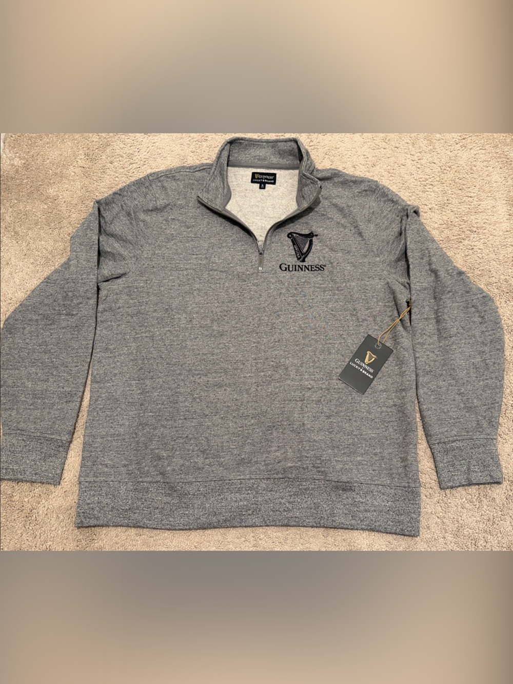 Guinness X Lucky Brand Gray Quarter-Zip Sweater with Embroidered Harp